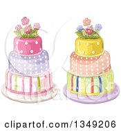 Poster, Art Print Of Beautiful Three Tiered Striped And Polka Dot Birthday Cakes Topped With Flowers