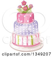 Poster, Art Print Of Beautiful Three Tiered Striped And Polka Dot Birthday Cake Topped With Flowers