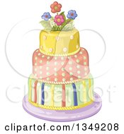 Poster, Art Print Of Beautiful Three Tiered Striped And Polka Dot Birthday Cake With Flowers
