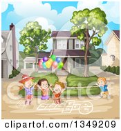 Poster, Art Print Of Group Of Happy Caucasian Children Playing Hop Scotch On A Neighborhood Street
