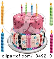 Poster, Art Print Of Funky Two Tiered Cake With Stars Stripes Candles And Happy Birthday Text Candles On The Side