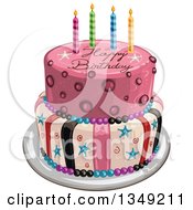 Poster, Art Print Of Funky Two Tiered Cake With Stars Stripes Candles And Happy Birthday Text