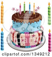 Poster, Art Print Of Funky Two Tiered Cake With Stars Stripes Candles Chocolate Frosting Over Blue And Happy Birthday Text Candles On The Side