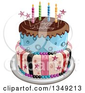 Poster, Art Print Of Funky Two Tiered Cake With Stars Stripes Candles Chocolate Frosting Over Blue And Happy Birthday Text