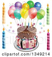 Poster, Art Print Of Funky Two Tiered Cake With Stars Stripes Candles Party Balloons And Happy Birthday Text Candles On The Side