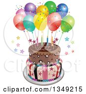 Poster, Art Print Of Funky Two Tiered Cake With Stars Stripes Candles Party Balloons And Happy Birthday Text