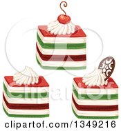 Clipart Of Red Cream And Green Layered Cakes Garnished With A Cherry Cream And Chocolate Royalty Free Vector Illustration