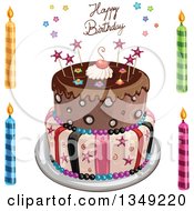 Poster, Art Print Of Funky Two Tiered Cake With Stars Stripes And Happy Birthday Text Candles On The Side