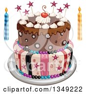 Poster, Art Print Of Funky Two Tiered Birthday Cake With Stars Stripes And A Cherry Candles On The Side