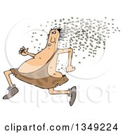 Clipart Of A Cartoon Chubby Caveman Running From A Swarm Of Bees Royalty Free Illustration