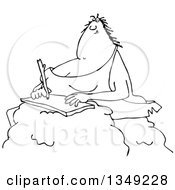 Outline Clipart Of A Cartoon Black And White Chubby Cave Woman Writing On A Boulder Royalty Free Lineart Vector Illustration by djart