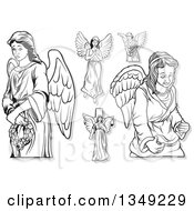 Clipart Of Black And White Female Angels With Shadows Royalty Free Vector Illustration