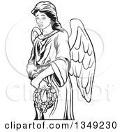 Clipart Of A Black And White Female Angel Holding A Wreath Royalty Free Vector Illustration