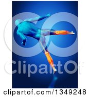 Poster, Art Print Of 3d Blue Anatomical Man Kicking With Visible Glowing Calves On Blue