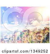 Clipart Of A 3d Tropical Island With Vintage Sunset Flares Over Palm Trees Royalty Free Illustration