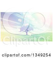 Clipart Of A 3d Tree On A Grassy Hill With Retro Sunshine And Clouds Royalty Free Illustration