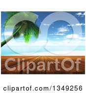 Poster, Art Print Of 3d Wood Deck Against A Tropical Beach With A Leaning Palm Tree
