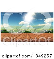 Poster, Art Print Of 3d Wood Table Or Deck Against Daisies And A Sunny Valley