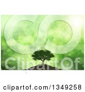 Poster, Art Print Of 3d Mature Tree On A Hill Over Green Flares And Rays