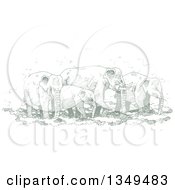 Poster, Art Print Of Green Sketched Hand Drawn Herd Of Elephants