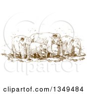 Poster, Art Print Of Brown Sketched Hand Drawn Herd Of Elephants