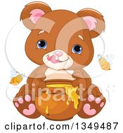 Cute Baby Bear Cub Eating Honey With Bees