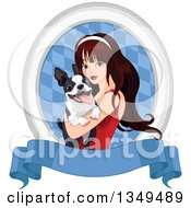 Beautiful Brunette Caucasian Woman Holding A Boston Terrier Dog In An Oval Of Diamonds Over A Blank Blue Banner