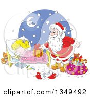 Blond White Girl Sleeping While Santa Sets A Gift On Her Bed