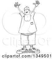Lineart Clipart Of A Cartoon Black And White Young Man Holding His Hands Up Royalty Free Outline Vector Illustration