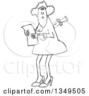 Outline Clipart Of A Cartoon Black And White Business Woman With A Knife In Her Back Royalty Free Lineart Vector Illustration by djart