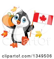 Poster, Art Print Of Cute Penguin Holding A Canadian Flag And A Thanksgiving Pumpkin