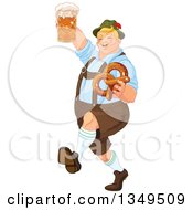 Poster, Art Print Of Happy Blond Oktoberfest German Man Marching Holding A Beer Mug And Soft Pretzel