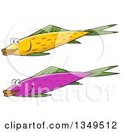 Poster, Art Print Of Cartoon Happy Yellow And Purple Fish With Green Fins