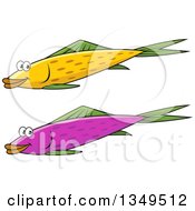 Clipart Of Cartoon Happy Yellow And Purple Fish With Green Fins Royalty Free Vector Illustration