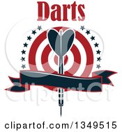 Poster, Art Print Of Navy Blue Throwing Dart Over A Target With Text Stars And A Blank Ribbon Banner