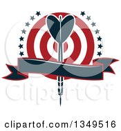 Clipart Of A Navy Blue Throwing Dart Over A Target With Stars And A Blank Ribbon Banner Royalty Free Vector Illustration