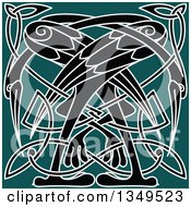Poster, Art Print Of Black And White Celtic Knot Crane Or Heron Design On Teal