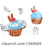 Poster, Art Print Of Cartoon Face Hands And Cupcakes With Blue Frosting Cranberries And Waffle Tubes