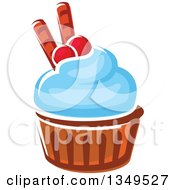 Poster, Art Print Of Cartoon Cupcake With Blue Frosting Cranberries And Waffle Tubes