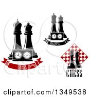 Poster, Art Print Of Black And White Chess King And Queen Pieces With A Board And Banners