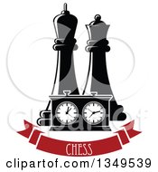 Poster, Art Print Of Black And White Chess King And Queen Pieces And A Game Clock Over A Red Chess Banner