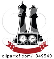 Poster, Art Print Of Black And White Chess King And Queen Pieces And A Game Clock Over A Blank Red Banner