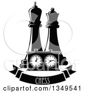 Poster, Art Print Of Black And White Chess King And Queen Pieces And A Game Clock Over A Text Banner