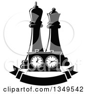 Poster, Art Print Of Black And White Chess King And Queen Pieces And A Game Clock Over A Blank Banner