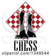 Poster, Art Print Of Black And White Chess King And Queen Pieces Over Text And Red And White Checker Board Diamond