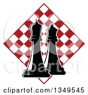 Poster, Art Print Of Black And White Chess King And Queen Pieces Over A Red And White Checker Board Diamond