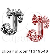 Poster, Art Print Of Retro Black And White And Red Capital Letter J With Flourishes