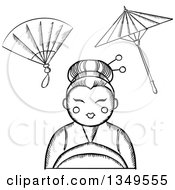 Black And White Sketched Geisha With A Hand Fan And Parasol