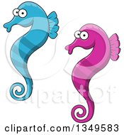 Poster, Art Print Of Cartoon Purple And Blue Seahorses