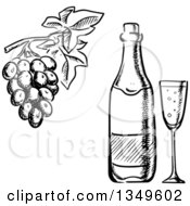 Poster, Art Print Of Black And White Sketched Wine Bottle Glass And Grapes